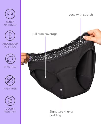 Image of Nushu Lace Hipster Period Panty for Women & Girls - Leak Proof & Reusable Underwear - for Super Heavy Flow, Absorbs Up to 6 Pads - 12-24hrs Protection, Bamboo Fabric Panty - Black