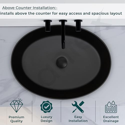 Image of Plantex Ceramic Washbasin for Bathroom /Countertop Bathroom Basin /Oval Tabletop Wash Basin for Office /Restaurant (Charcoal Black - 21.5 x 16 x 5 Inch)