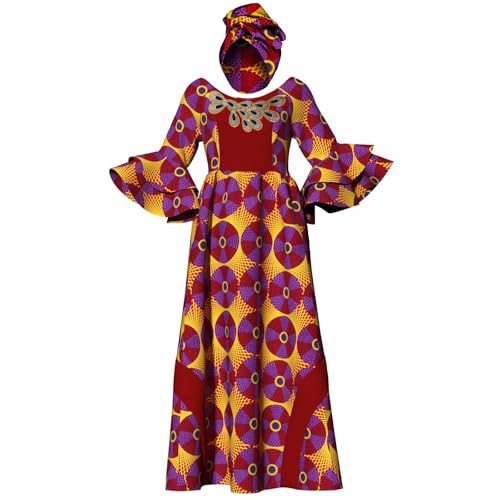 Image of iooiooi Womens African Print Party Maxi Dress Tradition Dashiki Ankara Long Dress & Headwrap