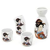 Japanese Sake Set, 5 Pieces Sake Set Hand Painted Design Porcelain Pottery Traditional Ceramic Cups Crafts Wine Glasses (Orange)