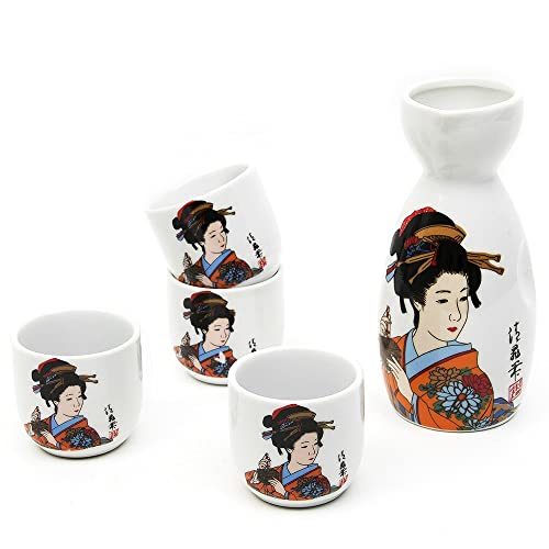 Lotocool Japanese Sake Set, 5 Pieces Sake Set Hand Painted Design Porcelain Pottery Traditional Ceramic Cups Crafts Wine Glasses (Orange)