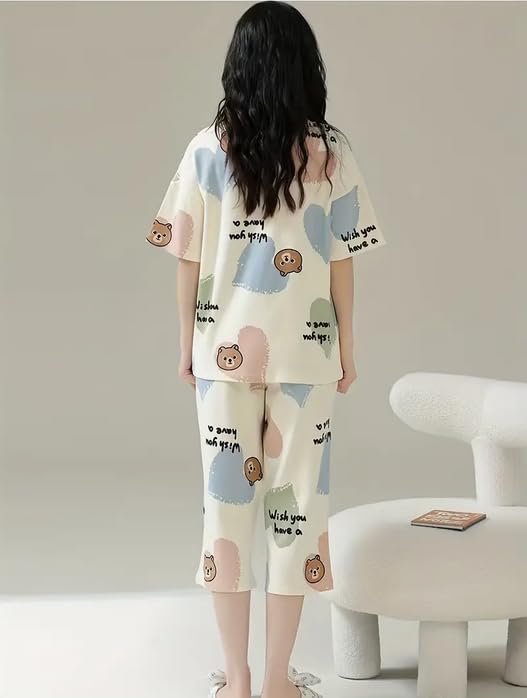 Image of Lunza Women's Cotton Pajama Set with Top & Pants|| Korean Night Suit|| Lightweight Printed Set || Soft & Comfy Sleepwear for Girls & Women