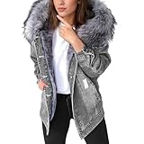 Women’s Fleece Lined Denim Jacket with Faux Fur Hood Long Sleeve Sherpa Jean Coat Warm Winter Outerwear Grey Large