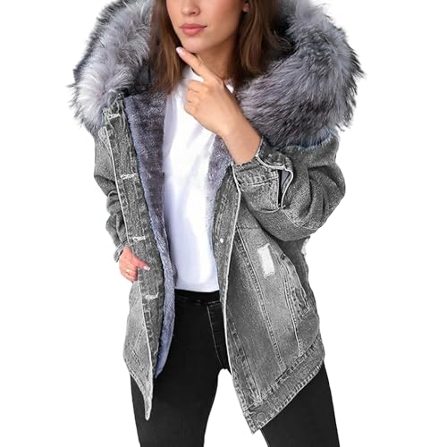 Denim Coat Women Sherpa Jean Jacket Faux Fur Hooded Oversized