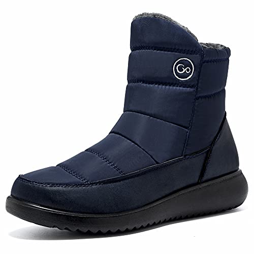 Women Winter Snow Boots Waterproof: Dark Blue 9.5 Warm Mid Calf Boots for Women with Fur Lined - Comfortable Outdoor Slip On Booties Anti-Slip