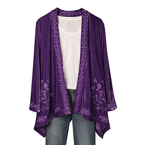 Floriana Womens Embroidered Kimono Cardigan Velvet Blazer Open Front Kimono Top - Purple, Large4