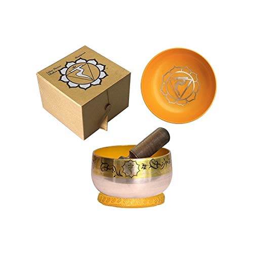 CHAKRA-HARMONIE Silber-Messing KLANGSCHALE 500-600g. Ayurveda UNIVERSAL Klangschale Therapiequalität für das 3. Solarplexus Chakra. Handarbeit aus Nepal mit Kissen & Klöppel. 81848-10