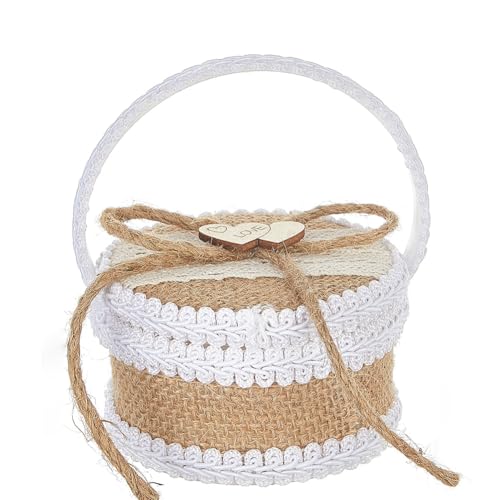 URFEDA Boîte à Bagues de Mariage Boîte à Bagues Rustique en Toile de Jute et Garnie de Dentelle Mini Panier de Fleurs Porte-bagues avec Ooignée pour Cérémonie, Fiançailles et Demande en Mariage, #1