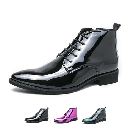 Men's Patent Leather Dress Oxfords Boots Fashion Pointed Toe Lace Up Side Zipper Shiny Ankle Boots Classic Luxury High Top Business Formal Derby Shoes