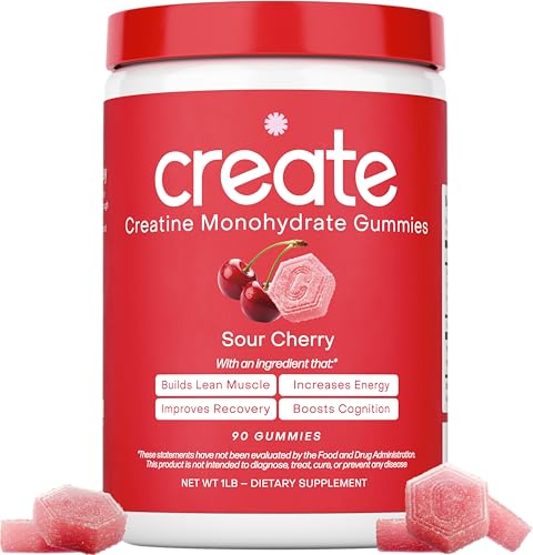 Create Creatine Monohydrate Gummies for Men & Women, Boost Focus, Strength, and Endurance, Anti-Melting Formula, Vegan, Gluten-Free, Non-GMO, 1.5g of Creatine per Gummy (Sour Cherry)
