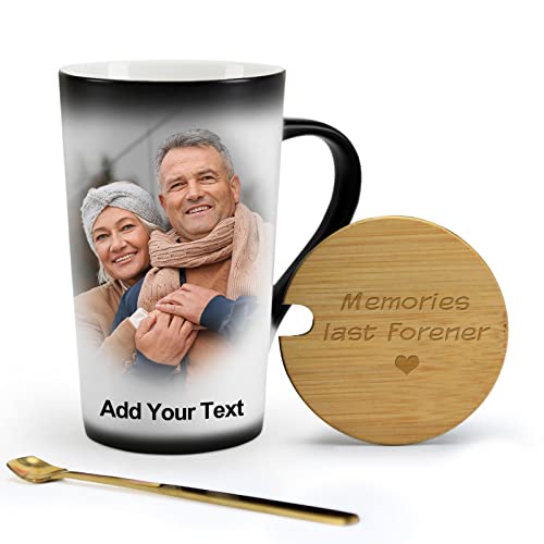 MUGKISS Customized Coffee Mug with Lid and spoon 16oz, Heat Changing Mugs, Personalized Cup, Wood cover can be engraved, Photos and Text on Both Sides, Gift for Birthday