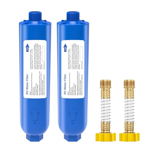 Image of RV Inline Water Filter with 2 Flexible Hose Protector, NSF Certified, Reduces Odors, Chlorine, Bad Taste, Water Filter for Boat, RV, Marine Use, Garden, 2 Pack