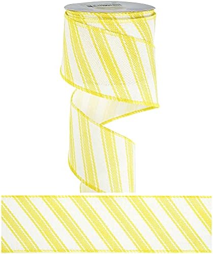 MEEDEE Yellow and White Stripe Ribbon Christmas Wired Ribbon Yellow Diagonal Stripe Burlap Ribbon 2.5 Inch X 10 Yards for Crafts Christmas Tree Decoration Bows Making Gift Wrapping Home Decor