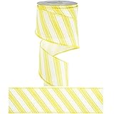 MEEDEE Yellow and White Stripe Ribbon Christmas Wired Ribbon Yellow Diagonal Stripe Burlap Ribbon 2.