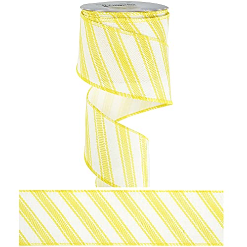 Meedee Yellow And White Stripe Ribbon Christmas Wired Ribbon Yellow Diagonal Stripe Burlap Ribbon 2.5 Inch X 10 Yards For Crafts Christmas Tree Decoration Bows Making Gift Wrapping Home Decor #TOP6