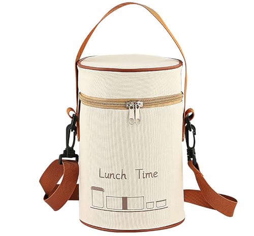 YIKANGHENG 3.9L Thickened Round Khaki Reusable Insulated Lunch Bag for Women and Men Travel Picnic, Vacuum Cup, and Lunch Box (Large)