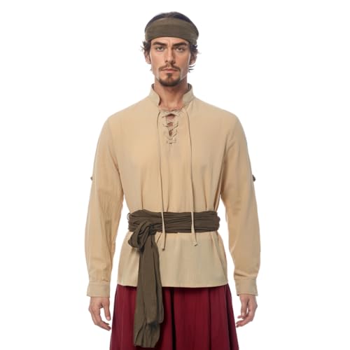 Camisa de Pirata vikinga Medieval para Hombre, Disfraz Celta renacentista, Steampunk, gótico, Manga Larga, con Cordones, para Halloween, Camisa, Caqui, L