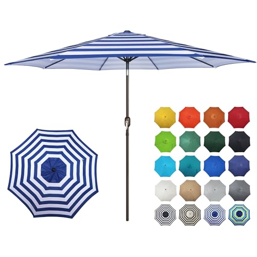 Image of Blissun 10FT Patio Umbrella, Outdoor Table Umbrella, Yard Umbrella, Market Umbrella with 8 Sturdy Ribs, Push Button Tilt and Crank, Blue & White