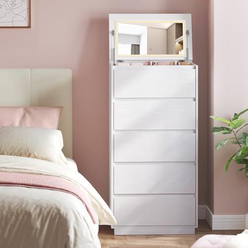 VASAGLE 5-Drawer Dresser with Mirror and Lights for Bedroom, Chest of Drawers, Storage Tower Unit, for Closet, Living Room, Entryway, Modern Minimalist Style, Snow White ULTS615W01