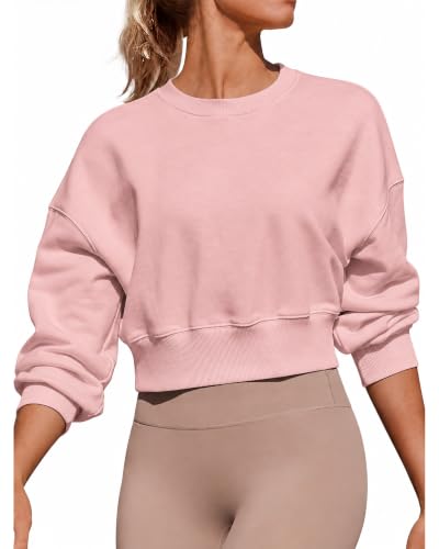 Image of Joywayco Women's Long Sleeve Round Neck Cropped Sweatshirts Cute Loose Fit Pullover Tops, Pink, S