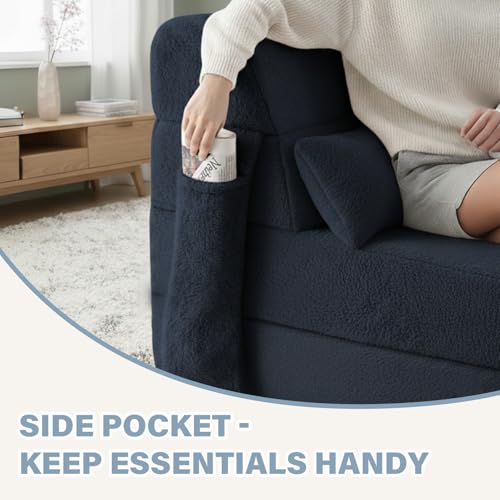 Image of Tiita Convertible Folding Sofa Bed Single Size for Adults with Pillow, Plush Fabric Floor Mattress Couch Bed, Washable Cover & Side Pocket, Guest Room, Dorm, Apartment, Living Room, Navy