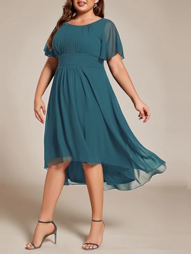 Image of Ever-Pretty Women's Plus Size Formal Wedding Guest Dresses for Curvy Women A Line Chiffon Midi High Low Cocktail Dress