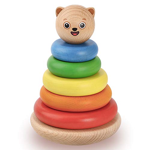 Bimi Boo Stacking Toys for Toddlers- Rainbow Ring Tower Stacker, Wooden Educational Column Toy for Early Development -Play and Learn Numbers Activity Toy - Matching Wood Rings and Color Recognition