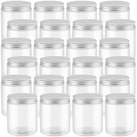 PINGEUI 24 Pack 250ml Clear Round Plastic Jars with Aluminum Lids, BPA Free Wide Mouth Plastic Container, Empty Sample Storage Pot Jars for Slime, Food, Spices, Candy, Crafts Cover