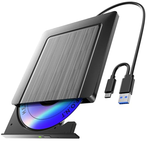 Externes CD DVD Laufwerk, Ultra dünn USB 3.0 & USB-C CD/DVD Laufwerk Extern, CD DVD +/-RW ROM Brenner Optical External DVD Drive für Laptop, PC, Desktop, MacBook, Windows 11/10/8/7/XP/Linux/MacOS