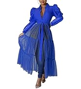Ekaliy Women’s Sexy Blouses Tunic Long Ruffle Sleeve Button Down Shirt Sheer Mesh Maxi Dress with...