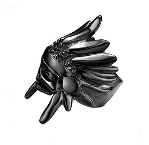 PAURO Men's Stainless Steel Vintage Indian Chief Tribe Rings Gothic Biker Skull Skeleton Wrap Bands Black Size 10