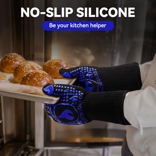 Image of BBQ & Grill Gloves, Oven Gloves, 1472F Silicone Oven Mitts Heat Resistant Grilling Gloves Fireproof Non-Slip for Barbecue Cooking Baking Smoking, 1-Pair (Blue, Medium)