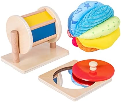 Montessori Baby Toys Play Kit Montessori Mirror Peekaboo Knob Puzzle, Medium Spinning Drum and Rainbow Fabric Ball Kit Toys for 6-12Months Toddlers (Play Kit 1)