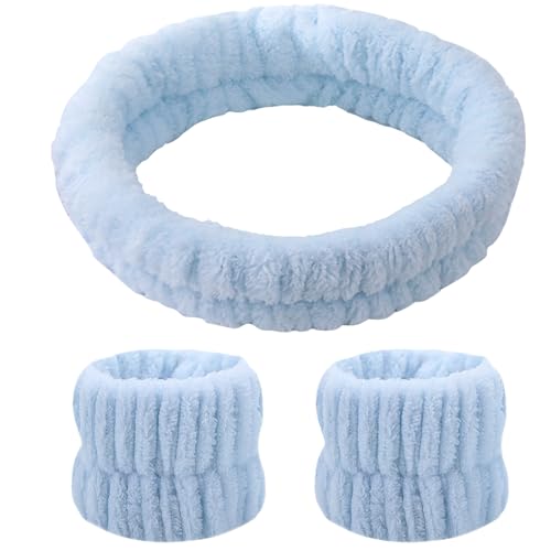 Zimoer Diademas Faciales Y Muñequeras, Diademas De Maquillaje Elásticas, Diademas Faciales Lavables, Diademas De Ducha De Vellón Coral para Deporte Femenino (Azul Cielo)