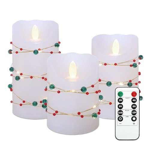 Image of Flameless Candles with Red Green Beads String Lights - Real Wax Christmas Decor Battery Operated Candles with Remote & Timer- Home Party Bedroom Holiday Valentine's Day Decorations - Set of 3
