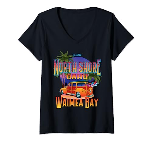 Waimea Bay Haleiwa North Shore Oahu Surfer Paradise Souvenir T-Shirt avec Col en V