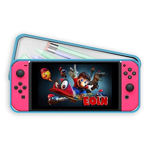 Image of Print Maniacs Personalised Nintendo Switch Game Tin Pencil Case Back to School Kids Tidy Stationary Organizer Mario (Pink Image, Blue Case)