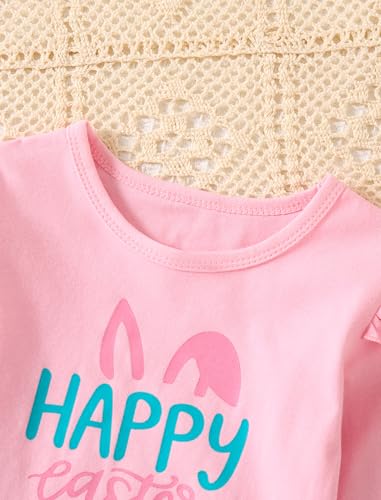 Image of Easter Outfit Toddler Girl Bunny Print Short Sleeve Tee Shirt Cute Flare Pants Easter Outfits for Girls 2-6T