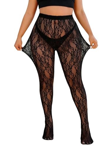 WDIRARA Women's Plus Size Lace Mesh Sheer Tights High Waisted Stockings Pantyhose