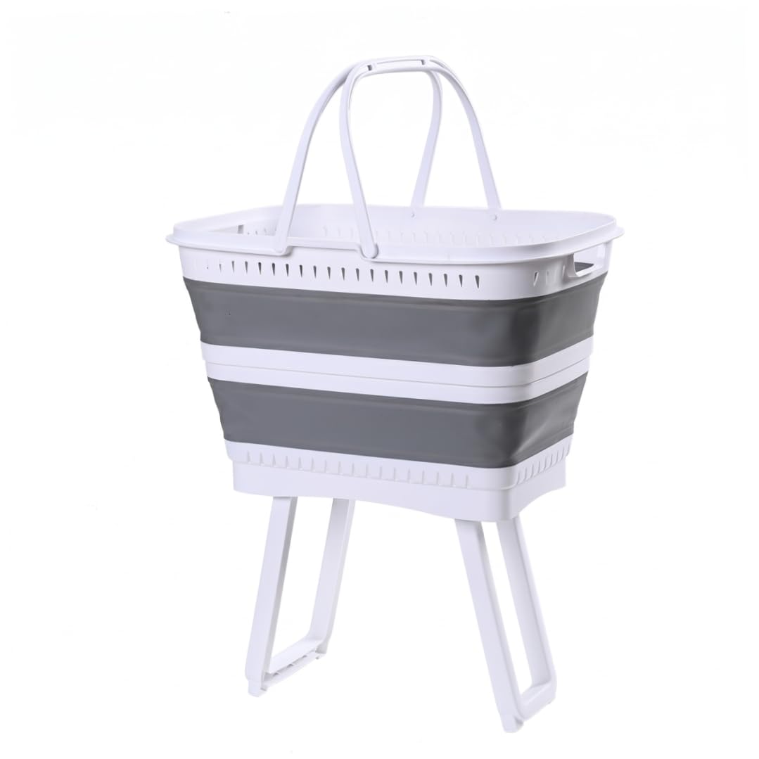 Striegro Collapsible Plastic Laundry Basket with Legs, 26l Large Capacity Foldable Hamper With Handles for Bathroom, Bedroom, Kitchen, Playroom, Dorm, Gray.