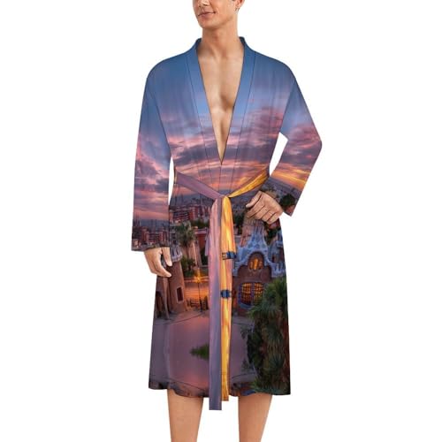 Bata de baño para hombre de longitud media y diseño Barcelona en atardecer para viajes