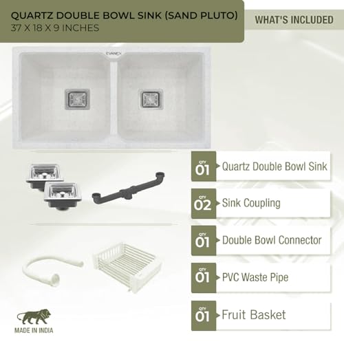 Image of EVANEX Quartz Sink for Kitchen | Double Bowl | Topmount /Undermount Kitchen Sinks | Sand-Pluto Double Sink with Connector, Waste Pipe, Coupling and Drain Basket | 37x18x9 Granite Kitchen Sinks
