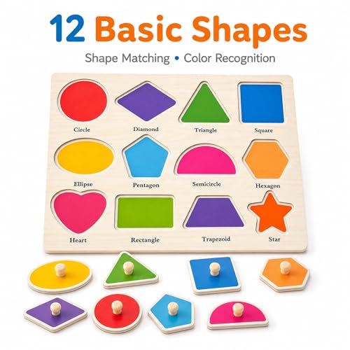 Image of Wooden Peg Puzzles for Toddlers, 3 Pack Large Wooden Knob Puzzles for Ages 3-5, Montessori Shape Matching Toys, Preschool Learning Puzzles for Fine Motor Skills, Birthday Gifts for Boys Girls 3 4 5