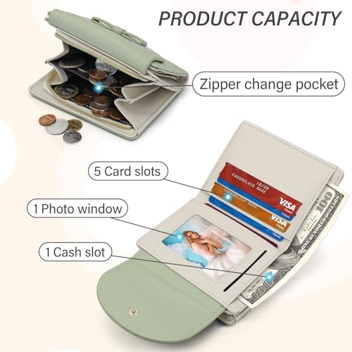 Women Wallet, PU Leather Bifold Wallet, Cute Bow Tie Small Wallet with Zipper Pocket Multi Card slots ID Window (Green)4