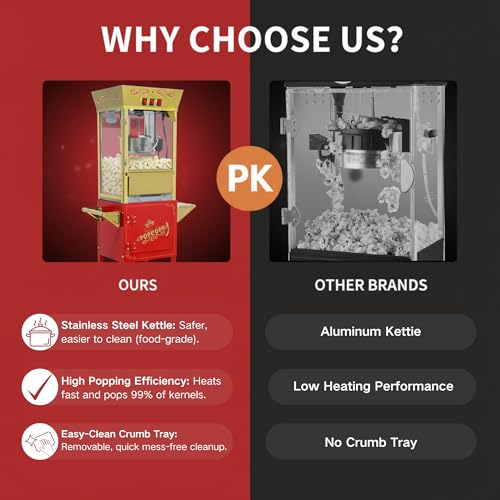 Image of Large Popcorn Machine with Cart: 12 Oz Vintage Commercial Popcorn with Foldable Stand Makes Up to 48 Cups, 3 Serving Cups, Measuring Cups & a Scoop for Home Party Office, Red