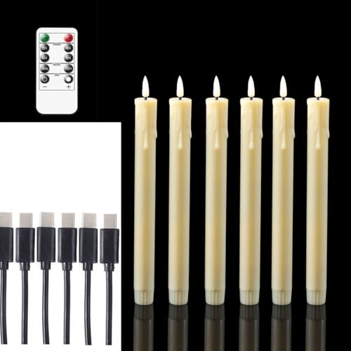 Datomarry Pack of 6 Decorative Rechargeable Beige Taper Candles with USB Charge Warm White Light 10 Inch Remote Flameless Christmas LED Window Candlesticks 25.5 cm Plastic Wedding Candles with Timer