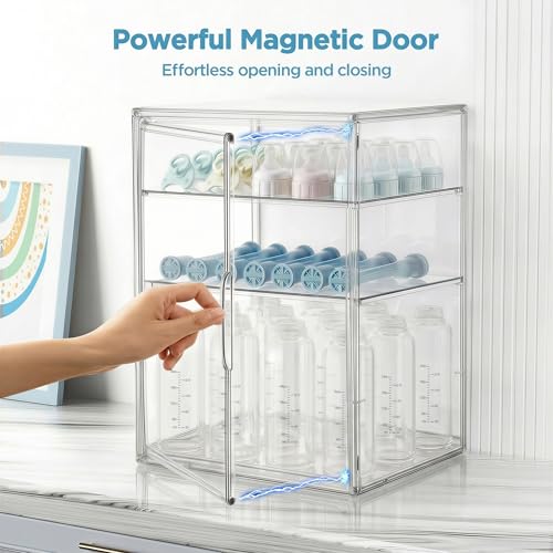 Image of HBlife Baby Bottle Storage Organizer for Countertop Cabinet, 3 Tiers Adjustable Clear Acrylic Bottles Storage Station Case Box Container with 2 Removable Dividers and Magnetic Door, Large