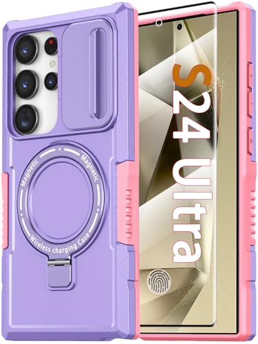 KTUOHU Case for Samsung Galaxy S24 Ultra, with Magnetic Ring Stand+Glass Screen Protector [Compatible with MagSafe] Military Grade Case with Camera Cover, Shockproof Cover for Samsung S24 Ultra-Purple