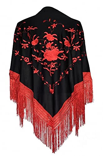 AMINA Medium Peak Shawl Triangular Flamingo or Sevillanas (170 x 70 cm) Black Embroidered Red