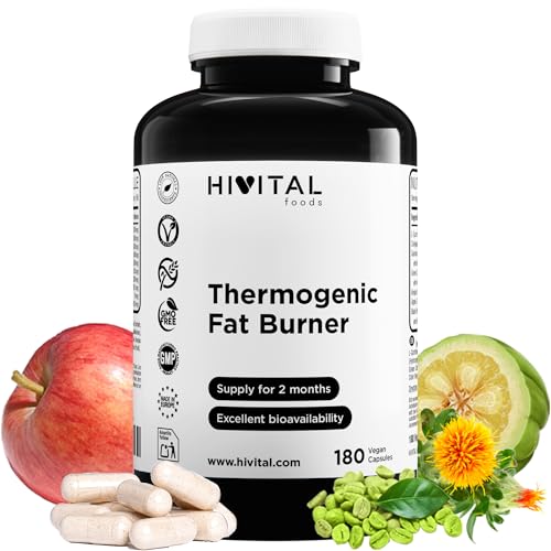 Termogénico Quemagrasas. 180 cápsulas veganas para 2 meses de tratamiento. A base de L Carnitina, CLA, Café verde, Garcinia Cambogia, Glucomanano, Vinagre de Manzana y Pimienta Negra. De HIVITAL